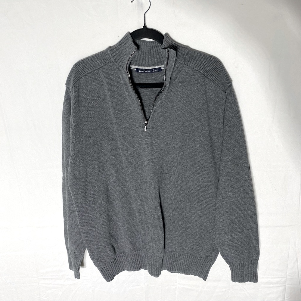 Northern Isles Grey Cotton Knit Mock Neck 1/4 Zip Pullover Sweater L